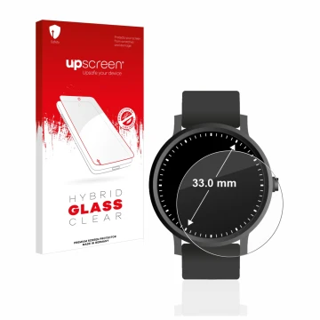 Parte frontal de un envase de producto con el logotipo de la marca upscreen. Al lado se muestra el dispositivo Relojes (Circul