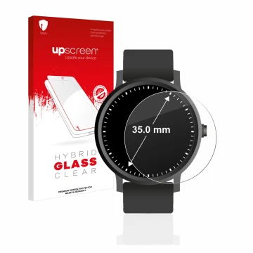 Parte frontal de un envase de producto con el logotipo de la marca upscreen. Al lado se muestra el dispositivo Relojes (Circul