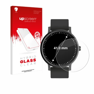 Parte frontal de un envase de producto con el logotipo de la marca upscreen. Al lado se muestra el dispositivo Relojes (Circul