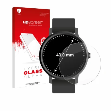 Parte frontal de un envase de producto con el logotipo de la marca upscreen. Al lado se muestra el dispositivo Relojes (Circul