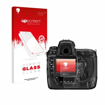 Parte frontal de un envase de producto con el logotipo de la marca upscreen. Al lado se muestra el dispositivo Nikon D3 con su