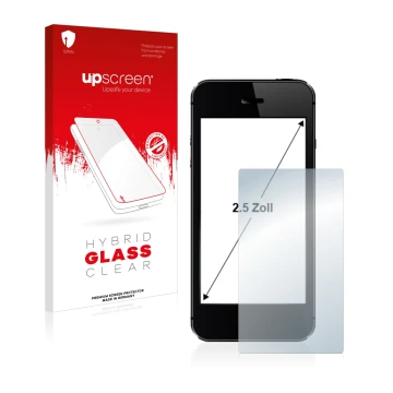 Parte frontal de un envase de producto con el logotipo de la marca upscreen. Al lado se muestra el dispositivo con su protecto