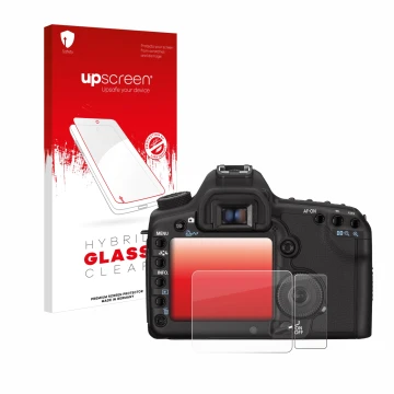 Parte frontal de un envase de producto con el logotipo de la marca upscreen. Al lado se muestra el dispositivo Canon EOS 5D Ma