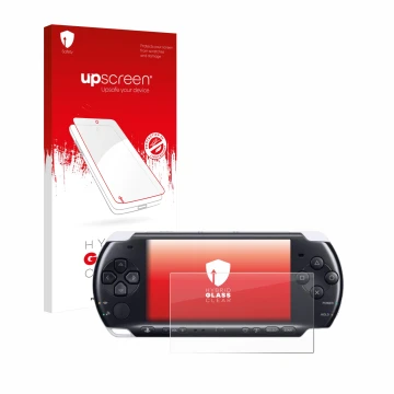 Parte frontal de un envase de producto con el logotipo de la marca upscreen. Al lado se muestra el dispositivo Sony PSP 3000 c