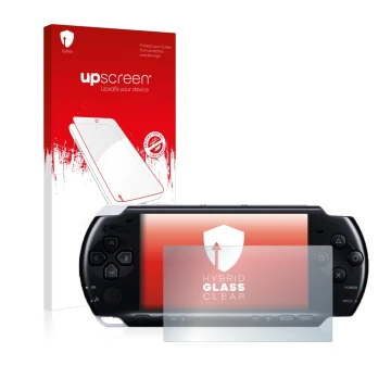 Parte frontal de un envase de producto con el logotipo de la marca upscreen. Al lado se muestra el dispositivo Sony PSP 3004 c