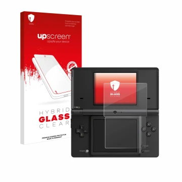 Parte frontal de un envase de producto con el logotipo de la marca upscreen. Al lado se muestra el dispositivo Nintendo DSi co