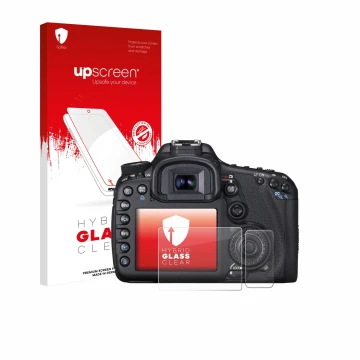 Parte frontal de un envase de producto con el logotipo de la marca upscreen. Al lado se muestra el dispositivo Canon EOS 7D co