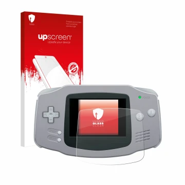 Parte frontal de un envase de producto con el logotipo de la marca upscreen. Al lado se muestra el dispositivo Nintendo Gamebo