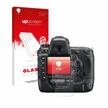 Parte frontal de un envase de producto con el logotipo de la marca upscreen. Al lado se muestra el dispositivo Nikon D3S con s
