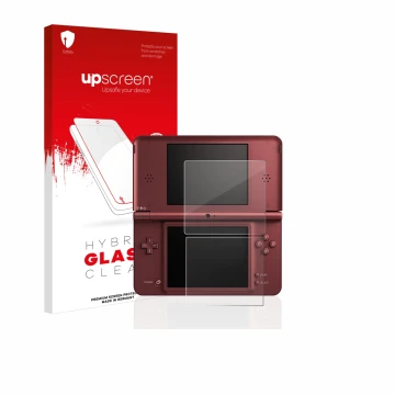 Parte frontal de un envase de producto con el logotipo de la marca upscreen. Al lado se muestra el dispositivo Nintendo DSi XL