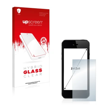 Parte frontal de un envase de producto con el logotipo de la marca upscreen. Al lado se muestra el dispositivo con su protecto