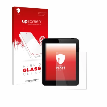 Parte frontal de un envase de producto con el logotipo de la marca upscreen. Al lado se muestra el dispositivo con su protecto