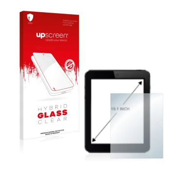 Parte frontal de un envase de producto con el logotipo de la marca upscreen. Al lado se muestra el dispositivo con su protecto