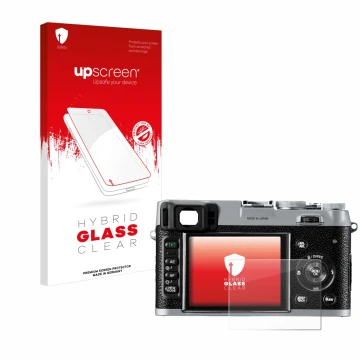Parte frontal de un envase de producto con el logotipo de la marca upscreen. Al lado se muestra el dispositivo Fujifilm FinePi