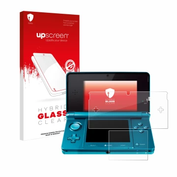 Parte frontal de un envase de producto con el logotipo de la marca upscreen. Al lado se muestra el dispositivo Nintendo 3DS co