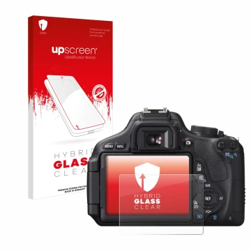 Parte frontal de un envase de producto con el logotipo de la marca upscreen. Al lado se muestra el dispositivo Canon EOS 600D 