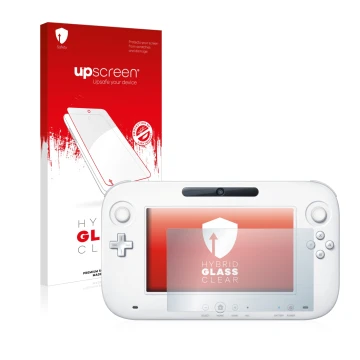 Parte frontal de un envase de producto con el logotipo de la marca upscreen. Al lado se muestra el dispositivo Nintendo Wii U 