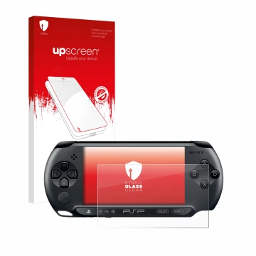 Parte frontal de un envase de producto con el logotipo de la marca upscreen. Al lado se muestra el dispositivo Sony PSP Street