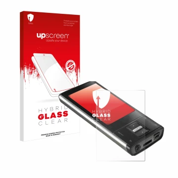 Parte frontal de un envase de producto con el logotipo de la marca upscreen. Al lado se muestra el dispositivo Intenso Video S
