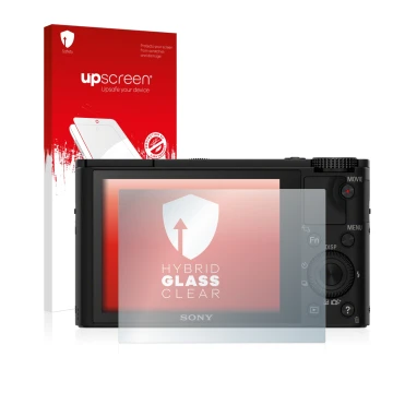 Parte frontal de un envase de producto con el logotipo de la marca upscreen. Al lado se muestra el dispositivo Sony Cyber-Shot