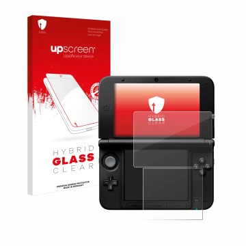 Parte frontal de un envase de producto con el logotipo de la marca upscreen. Al lado se muestra el dispositivo Nintendo 3DS XL