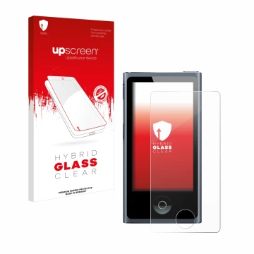 Parte frontal de un envase de producto con el logotipo de la marca upscreen. Al lado se muestra el dispositivo Apple iPod nano