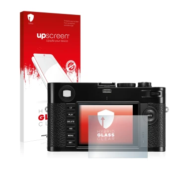 Parte frontal de un envase de producto con el logotipo de la marca upscreen. Al lado se muestra el dispositivo Leica M (Typ 24
