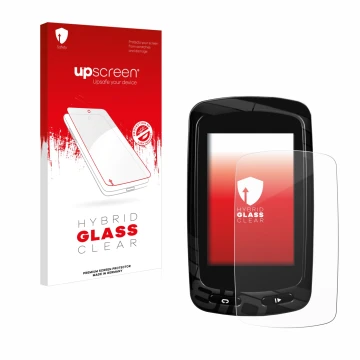 Parte frontal de un envase de producto con el logotipo de la marca upscreen. Al lado se muestra el dispositivo Garmin Edge 810