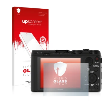 Parte frontal de un envase de producto con el logotipo de la marca upscreen. Al lado se muestra el dispositivo Sony Cyber-Shot