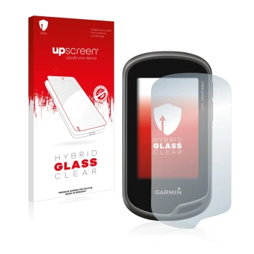 Parte frontal de un envase de producto con el logotipo de la marca upscreen. Al lado se muestra el dispositivo Garmin Oregon 6