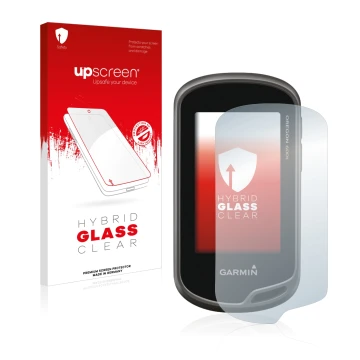 Parte frontal de un envase de producto con el logotipo de la marca upscreen. Al lado se muestra el dispositivo Garmin Oregon 6