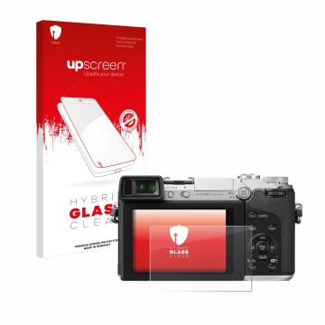 Parte frontal de un envase de producto con el logotipo de la marca upscreen. Al lado se muestra el dispositivo Panasonic Lumix