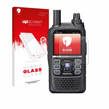 Parte frontal de un envase de producto con el logotipo de la marca upscreen. Al lado se muestra el dispositivo Icom ID-51 con 