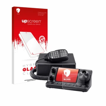 Parte frontal de un envase de producto con el logotipo de la marca upscreen. Al lado se muestra el dispositivo Icom IC-7100 co