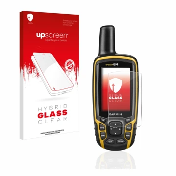 Parte frontal de un envase de producto con el logotipo de la marca upscreen. Al lado se muestra el dispositivo Garmin GPSMAP 6