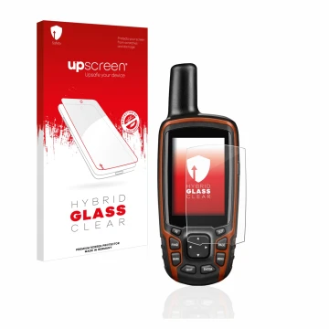 Parte frontal de un envase de producto con el logotipo de la marca upscreen. Al lado se muestra el dispositivo Garmin GPSMAP 6