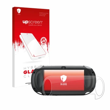 Parte frontal de un envase de producto con el logotipo de la marca upscreen. Al lado se muestra el dispositivo Sony Playstatio