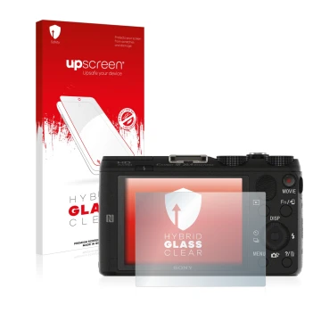 Parte frontal de un envase de producto con el logotipo de la marca upscreen. Al lado se muestra el dispositivo Sony Cyber-Shot