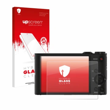 Parte frontal de un envase de producto con el logotipo de la marca upscreen. Al lado se muestra el dispositivo Sony Cyber-Shot