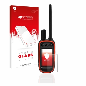 Parte frontal de un envase de producto con el logotipo de la marca upscreen. Al lado se muestra el dispositivo Garmin Alpha 10