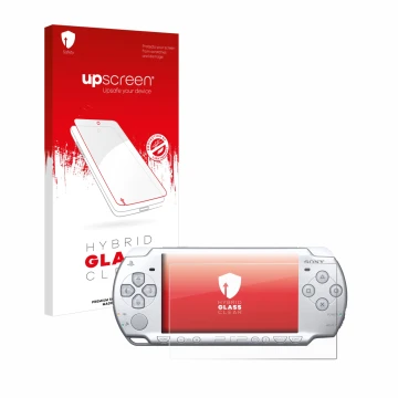 Parte frontal de un envase de producto con el logotipo de la marca upscreen. Al lado se muestra el dispositivo Sony PSP 2004 c