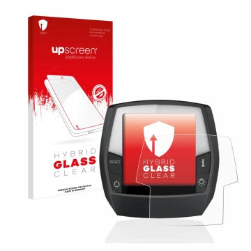 Parte frontal de un envase de producto con el logotipo de la marca upscreen. Al lado se muestra el dispositivo Bosch Intuvia P