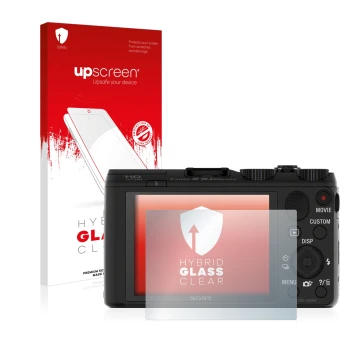 Parte frontal de un envase de producto con el logotipo de la marca upscreen. Al lado se muestra el dispositivo Sony Cyber-Shot