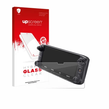 Parte frontal de un envase de producto con el logotipo de la marca upscreen. Al lado se muestra el dispositivo Icom ID-5100 co