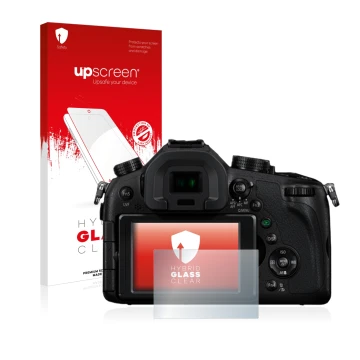 Parte frontal de un envase de producto con el logotipo de la marca upscreen. Al lado se muestra el dispositivo Panasonic Lumix