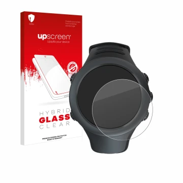 Parte frontal de un envase de producto con el logotipo de la marca upscreen. Al lado se muestra el dispositivo Suunto Ambit3 S