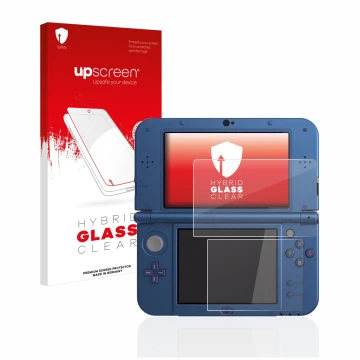 Parte frontal de un envase de producto con el logotipo de la marca upscreen. Al lado se muestra el dispositivo Nintendo New 3D