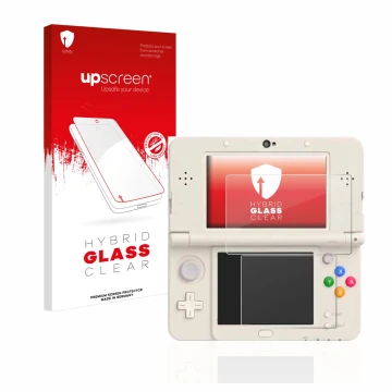 Parte frontal de un envase de producto con el logotipo de la marca upscreen. Al lado se muestra el dispositivo Nintendo New 3D
