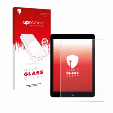 Parte frontal de un envase de producto con el logotipo de la marca upscreen. Al lado se muestra el dispositivo Apple iPad Air 