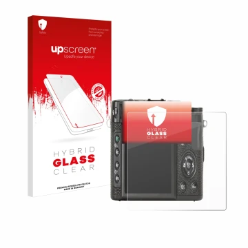 Parte frontal de un envase de producto con el logotipo de la marca upscreen. Al lado se muestra el dispositivo Fujifilm X10 co